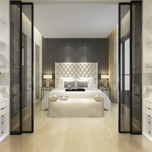 Bedroom with hardwood flooring - Islandair-Ocean Spray Oak